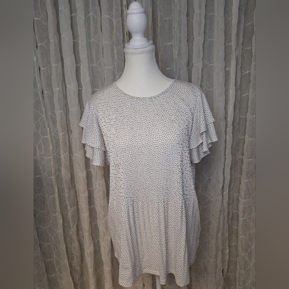 Adrianna Papell Plisse Accordion Pleat Polka Dot Ruffle Oversized Relax Blouse M